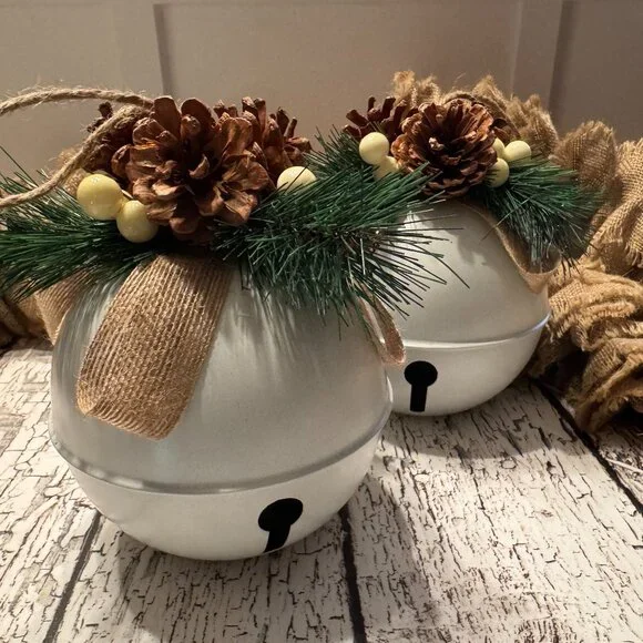 Set of 2 Large Sleigh Bells Holiday Decoration White Pines - Picture 1 of 1